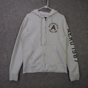 Aeropostale Hoodie Womens Medium White Zip Up Sweatshirt AERO 1987 Graphic
